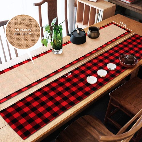 Fhberni Buffalo Plaid Check Table Runner Reversible Cotton Burlap Farmhouse Table Runner for Christmas Holiday Birthday Party Home Decoration Red and Black, 14 x 72 Inch